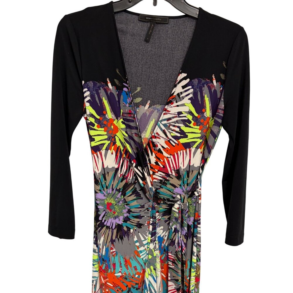 BCBG Mazazria Adele wrap dress size S EUC, black and multicolor floral burst
